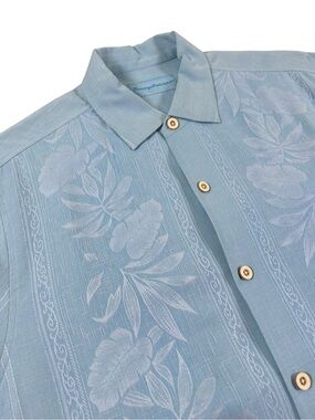 TOMMY BAHAMA 100% Silk Camp Shirt Blue Floral Jacquard Hawaiian Med Resort